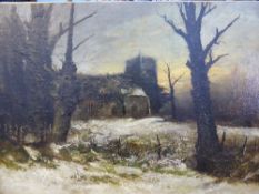 Oil On Board, depicting a `Winter Scene of a Norman Church`, signed J Knowle to bottom right, dated