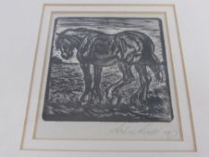 A Black and White Woodcut Print depicting a plough horse, signed to bottom right, 7.5 cms x 7.5 cms