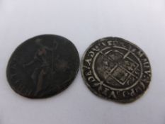 A silver Elizabeth I hammered three penny piece, dated 1569 together with a George IV half penny.