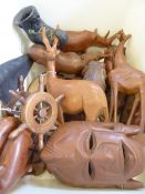 A Quantity of African Turned Wood Carvings including Kudu, Elephants, Rhinoceros, Lion, Leopard and