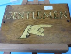 A vintage oak gilded `Gentleman`s` Convenience Sign, 30 x 20 cms.