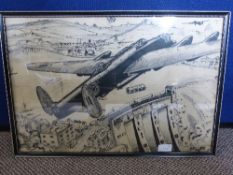 A Pen and Ink Cartoon depicting a Lancaster Bomber possibly engaged in the Dam Buster Raid entitled