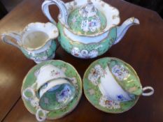 A part porcelain tea service comprising teapot, milk jug, seven cups and six saucers, in green,