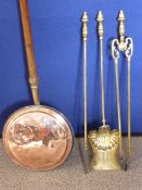 19th Century Copper Warming Pan together with three fire side irons. (4)