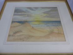 A Ray Stimpson F.R.S.A., Water Colour on Paper depicting sand dunes at Berth Caros, framed and