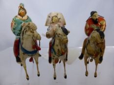 Three Antique Oriental Hand Painted Metal Figures of characters on horseback.