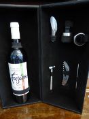 A Moussan Nevian Cuvee des 4 Chemins ""Fusion"" bottle of Merlot Wine in a presentation case with