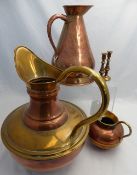 Collection of assorted brass and copper items comprising two large jugs, a smaller jug, a