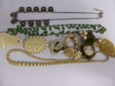 Miscellaneous Costume Jewellery including vintage green stone necklace, antique cameo, mother of