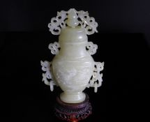 Chinese 20th Century Pale Celadon Jade Vase and Cover, the vase with white inclusions and featuring