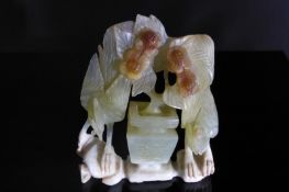 Chinese Antique Celadon and Amber Jade Figure of Phoenix, the ornate phoenix carved with upstanding