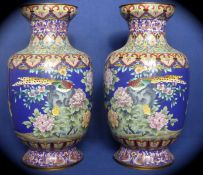 Pair of Outstanding 19th Century Cloisonné Vases, the brightly coloured vases, depicting exotic