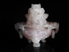 Chinese Rose Quartz Censer and Cover, the base having Foo Dog handles with loose rings supported on