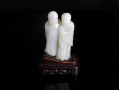 Chinese Qing Dynasty White Jade Figure of Sages, good colour. 11 cms to include stand, 7 1/2 cms