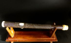 Antique Chinese Rosewood and Ivory Opium Pipe, the body of the pipe ornately carved with a