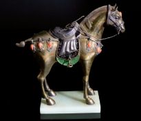 Chinese 20th Century Figure of a Horse, the silver and enamel figure of a horse at rest fitted with