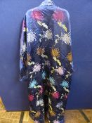 A Chinese Full Length Blue Silk Robe embroidered with chrysanthemums in blue, gold, cream and