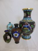 A collection of misc. cloisonne vases - one having black background with four cartouches depicting
