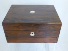 A Victorian lady`s rosewood and mahogany travelling sewing and writing box having mother of pearl