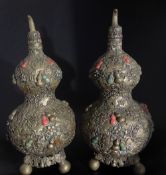 Pair of Chinese Antique Double Gourd Repousse Lidded Urns, the urns having overall ornate vine