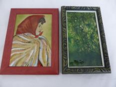 Two Enamel Plaques to include a lady in a red scarf 17 x 12 cms, and a contemporary design in green