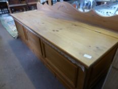 A Pine Blanket Box with scalloped wool guard and hinged lid, 153 x 54 x 44 cms.