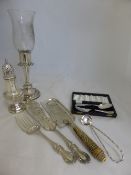 A collection of misc. silver plate incl. sugar shaker, fish server, crumb collector, milk jug,