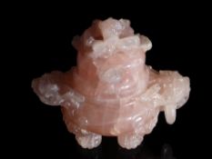 Chinese Pink Quartz Censer, the finely carved censer and cover having a Foo Dog handle with loose