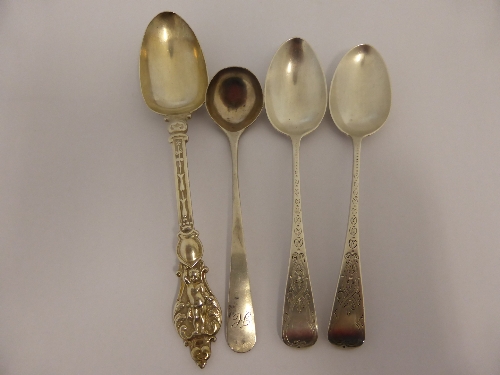 A Georgian mustard spoon mm J H together with two Victorian London teaspoons mm M C, A Victorian