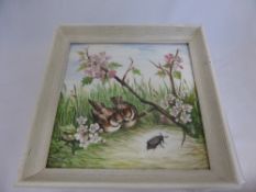 A Pair of Early 20th Century Square Framed Tiles each painted with birds amidst apple blossom 19