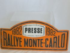 A 1982 metal Rallye Monte - Carlo sign - Cinquantieme Presse Rallye Automobile Monte - Carlo