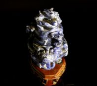 Chinese Lapis Lazuli Censer and Cover, the finely carved censer features two Foo Dog handles with