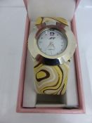 Three boxed ladies designer Quartz watches, two wrist examples by Figaro, the first watch with blue