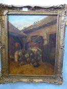 Helen Coleman, Victorian oil on board, depicts a stable yard. Signed and dated bottom left 1880.