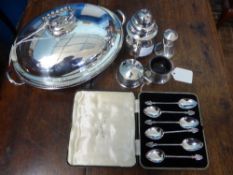 A Birmingham hallmarked silver caster, pepper, salt and mustard and six coffee spoons together with