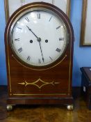 Mahogany and Brass Inlaid Table Clock, with white enamel face and painted dial, lion head masks to