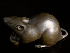 A Fine Meiji Period Japanese Cast Bronze Figure of a Rat, the rat seated on its hind legs resting