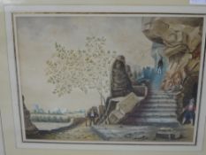 Artist unknown - original watercolour depicting men at arms among ruins, maple frame and glazed,