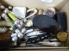 Box of misc. items incl. mother of pearl penknives, manicure items, knife rests etc.