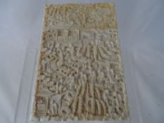 Antique Cantonese carved ivory card case, the carving depicting various village scenes and having an