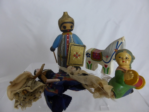 Collection of miniature dolls including a hand painted Knight and Horse, hand painted wooden