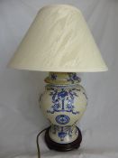 Blue and White Chinese Crackle Glaze Lamp Base, together with a cream resin lamp base and shade