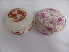 Meissen Porcelain Trinket Dishes, two lidded trinket dishes in the `Red Dragon` and `Pink Indian`