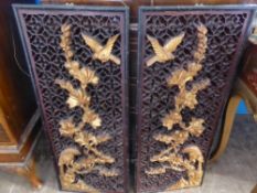 Two Vintage Hand Carved Chinese Decorative Wooden Screens, depicting flowers and exotic birds.