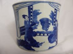 Chinese blue and white circular pot having two friezes depicting various characters with marks to