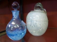 A hand blown lilac and blue perfume bottle together with a hand blown white glass specimen posy vase
