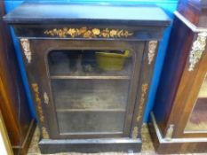 Ebonised Music Cabinet, Brass Mounts and foliate inlay with glazed front, two shelves to the