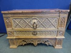 A Mid 15th Century French Cabinet with a rose marble top and two drawers, the cabinet being