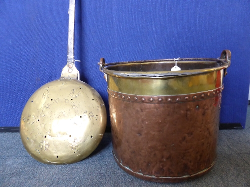 Antique Brass and Copper Coal Scuttle together with a circa 18th Century Bed Warmer. (2)
