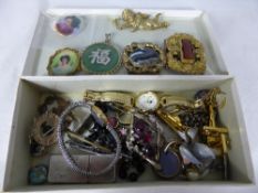 Box of misc. costume jewellery incl. pendants, watches, brooches, hand painted porcelain cameo.